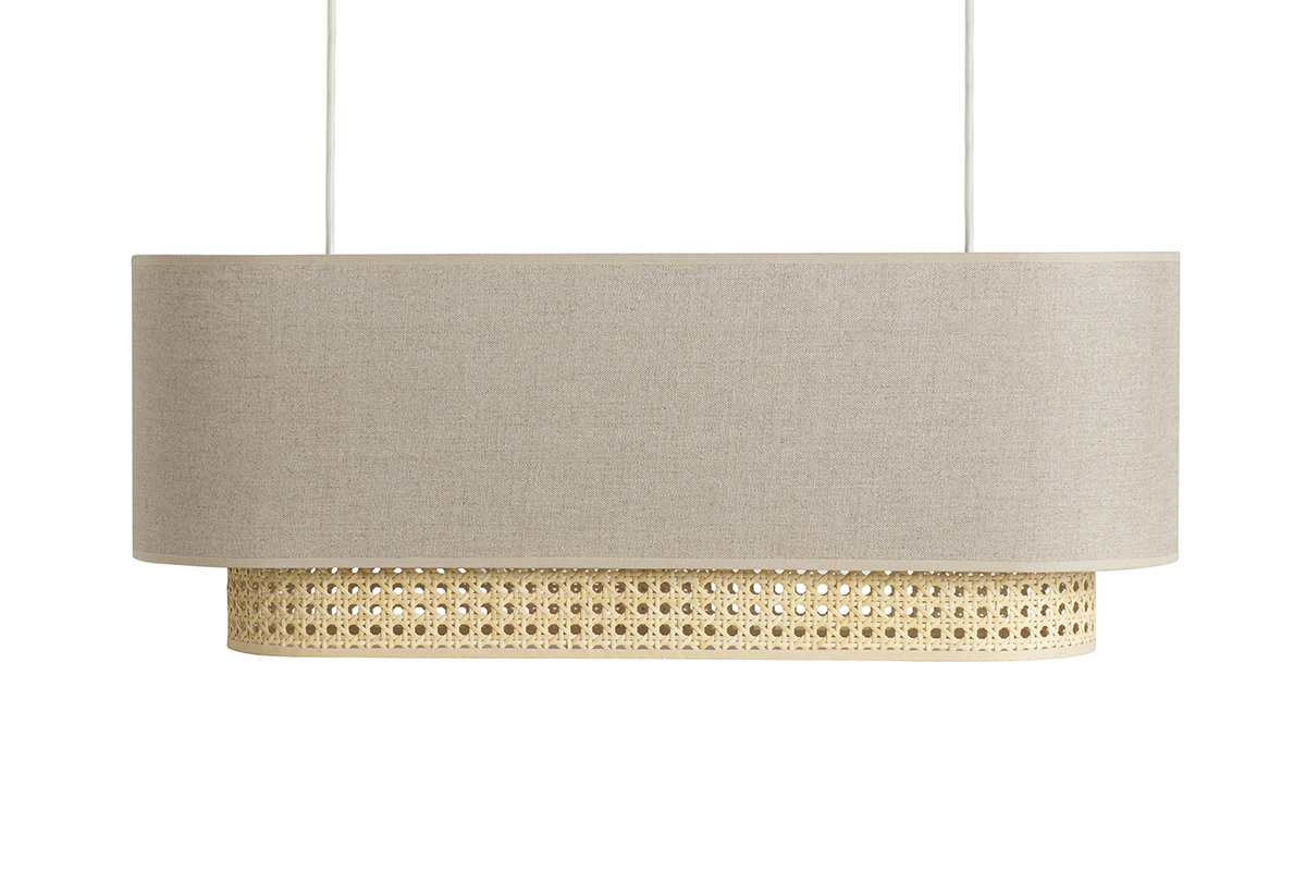 Lampada a sospensione a due luci in lino beige e motivo a intreccio rattan naturale L62 cm TIWY