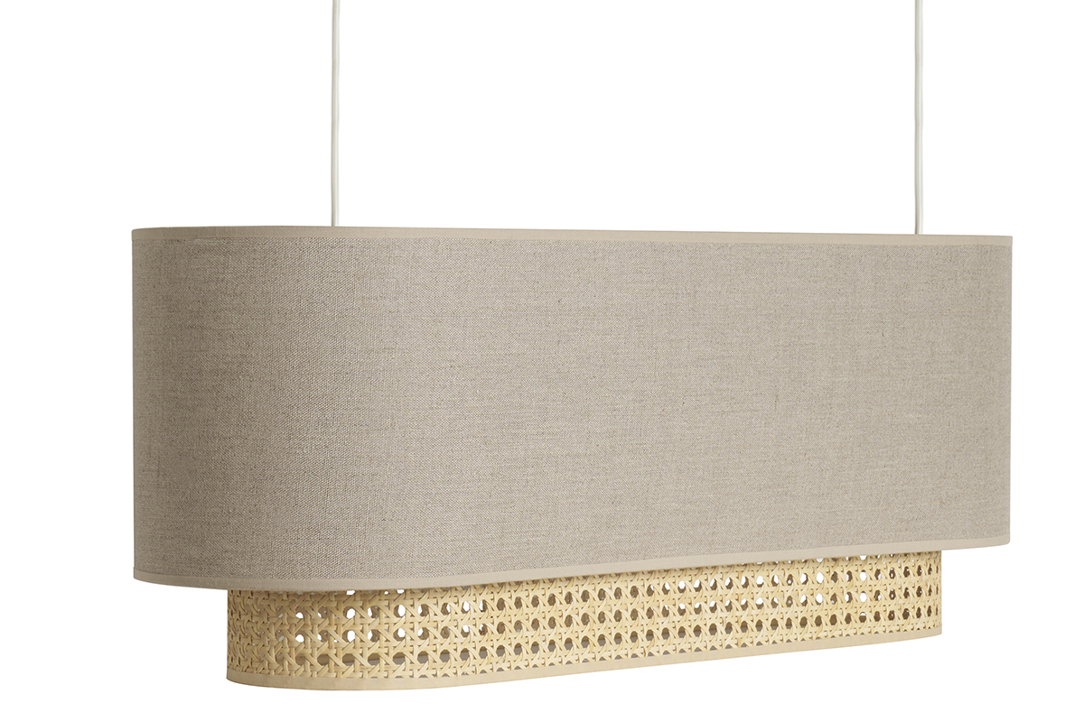 Lampada a sospensione a due luci in lino beige e motivo a intreccio rattan naturale L62 cm TIWY