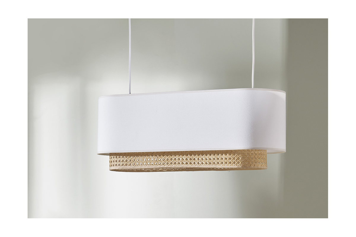 Lampada a sospensione a due luci in lino beige e motivo a intreccio rattan naturale L62 cm TIWY