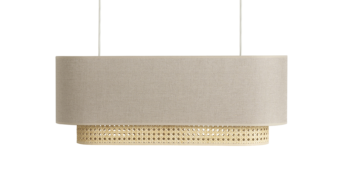 Lampada a sospensione a due luci in lino beige e motivo a intreccio rattan naturale L62 cm TIWY