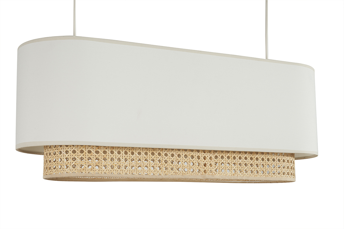 Lampada a sospensione a due luci in tessuto bianco e motivo a intreccio rattan naturale L62 cm TIWY