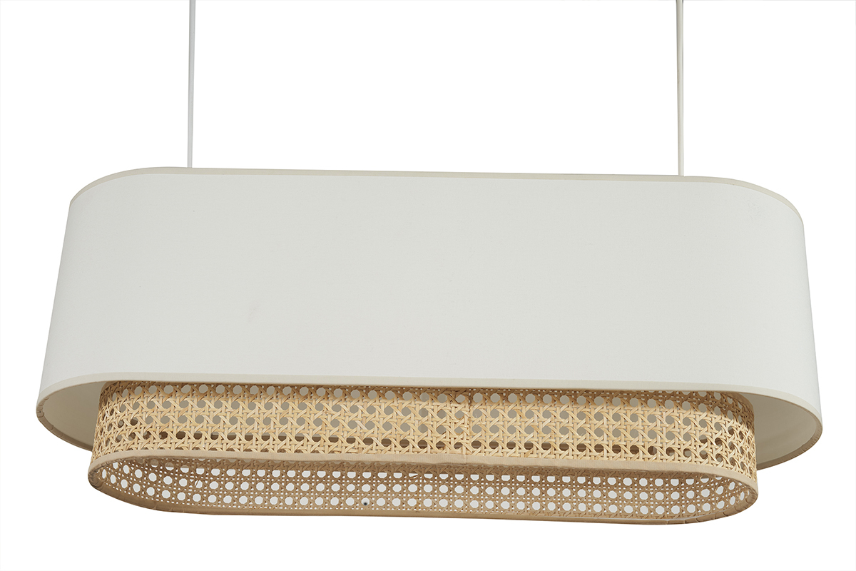 Lampada a sospensione a due luci in tessuto bianco e motivo a intreccio rattan naturale L62 cm TIWY