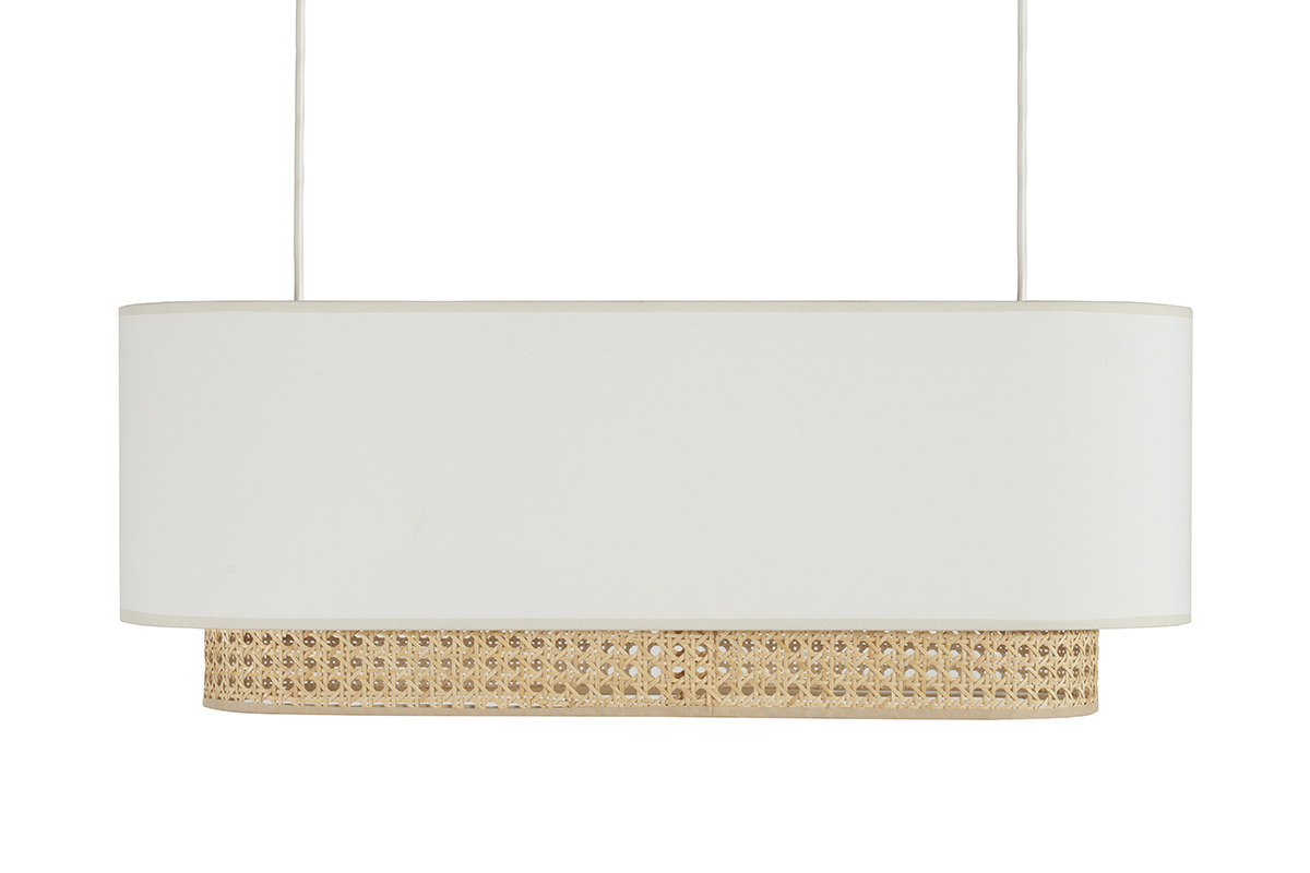 Lampada a sospensione a due luci in tessuto bianco e motivo a intreccio rattan naturale L62 cm TIWY