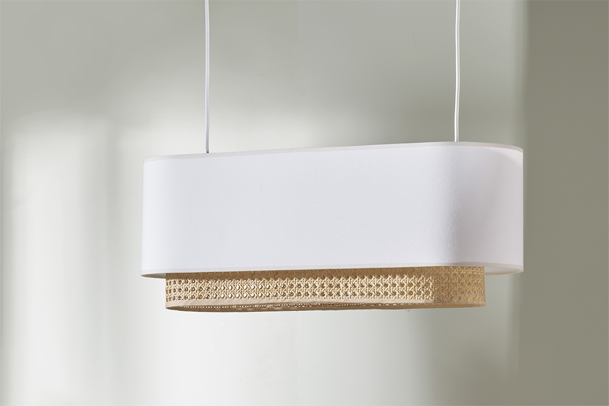 Lampada a sospensione a due luci in tessuto bianco e motivo a intreccio rattan naturale L62 cm TIWY