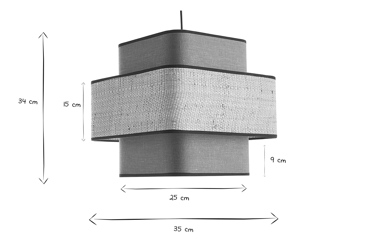 Lampada a sospensione cubo in tessuto lino verde kaki e fibra di rafia naturale L35 cm TERA