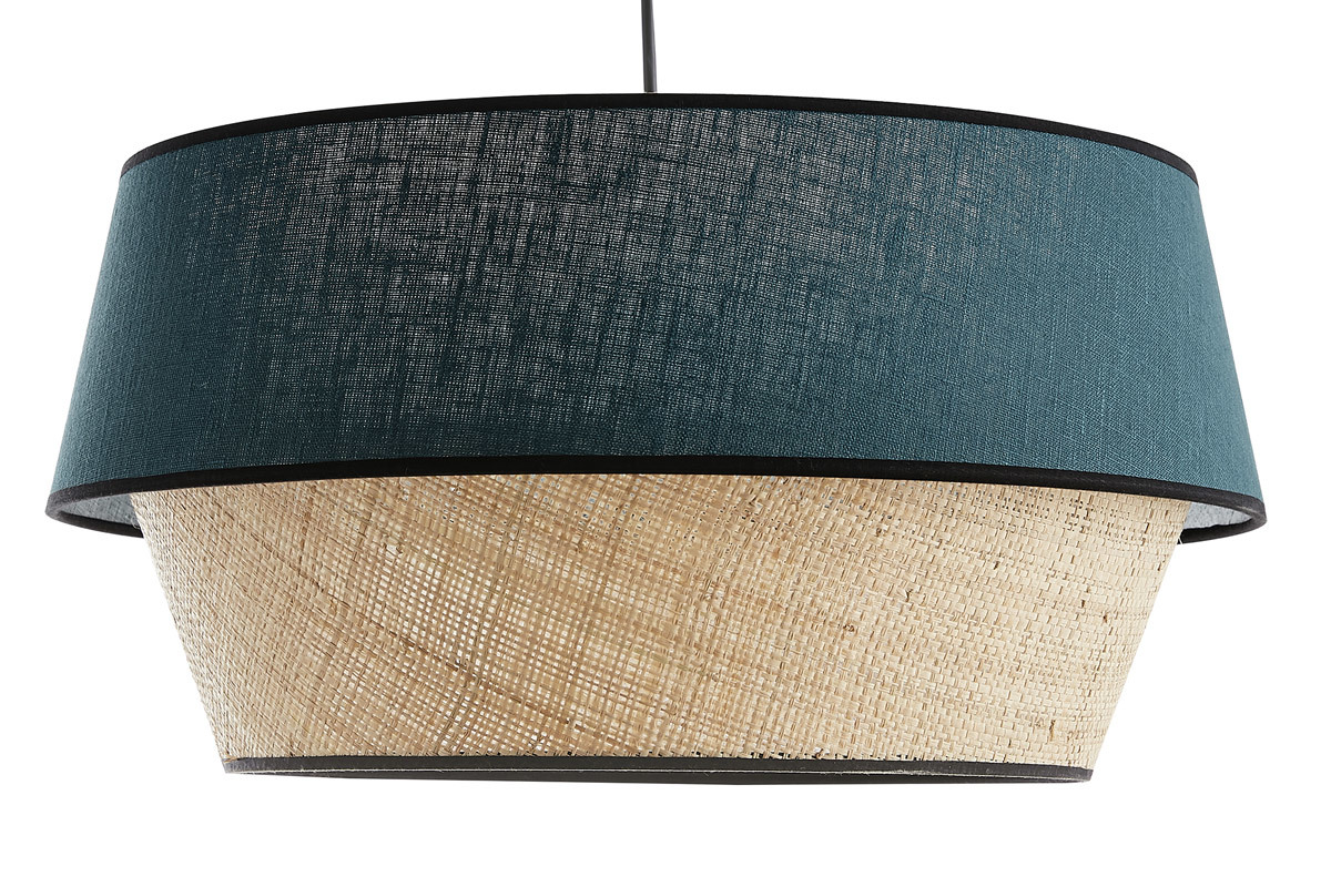 Lampada a sospensione design bi-materiale in lino blu e fibra di rafia naturale D45 cm SENSA