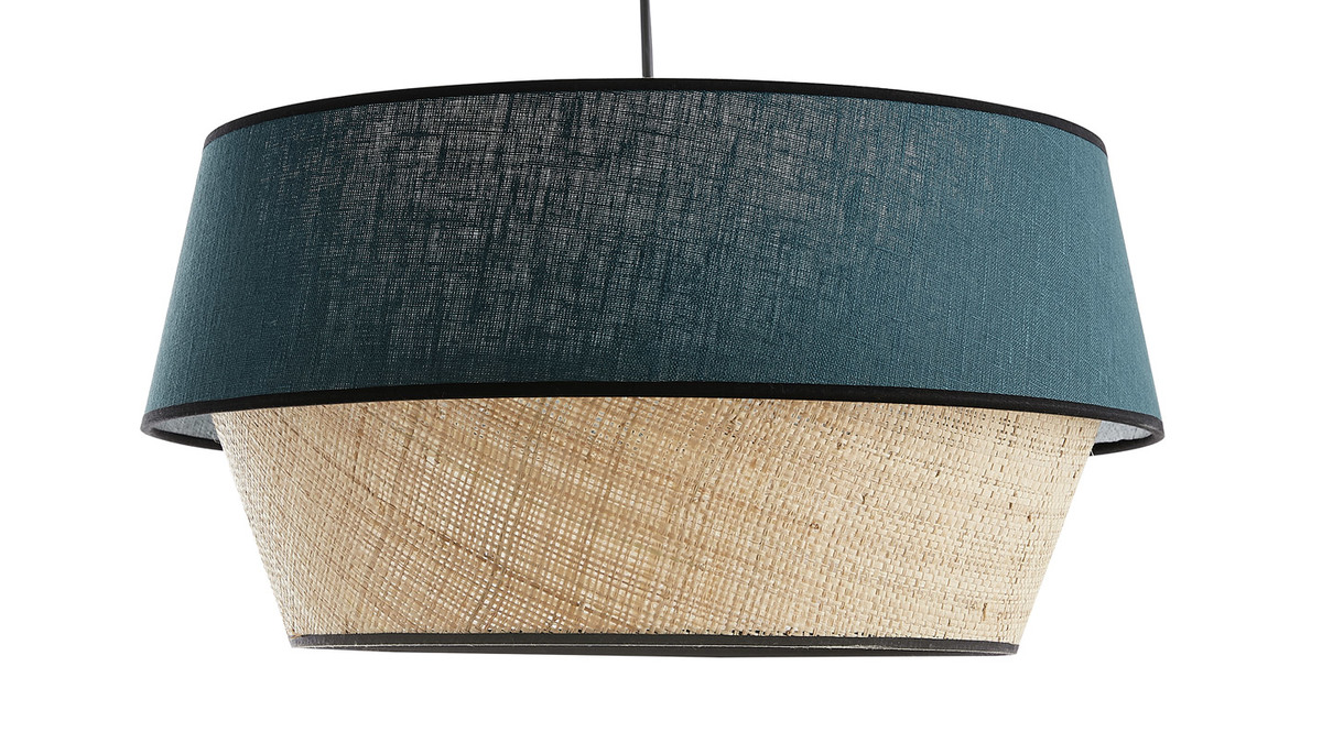 Lampada a sospensione design bi-materiale in lino blu e fibra di rafia naturale D45 cm SENSA