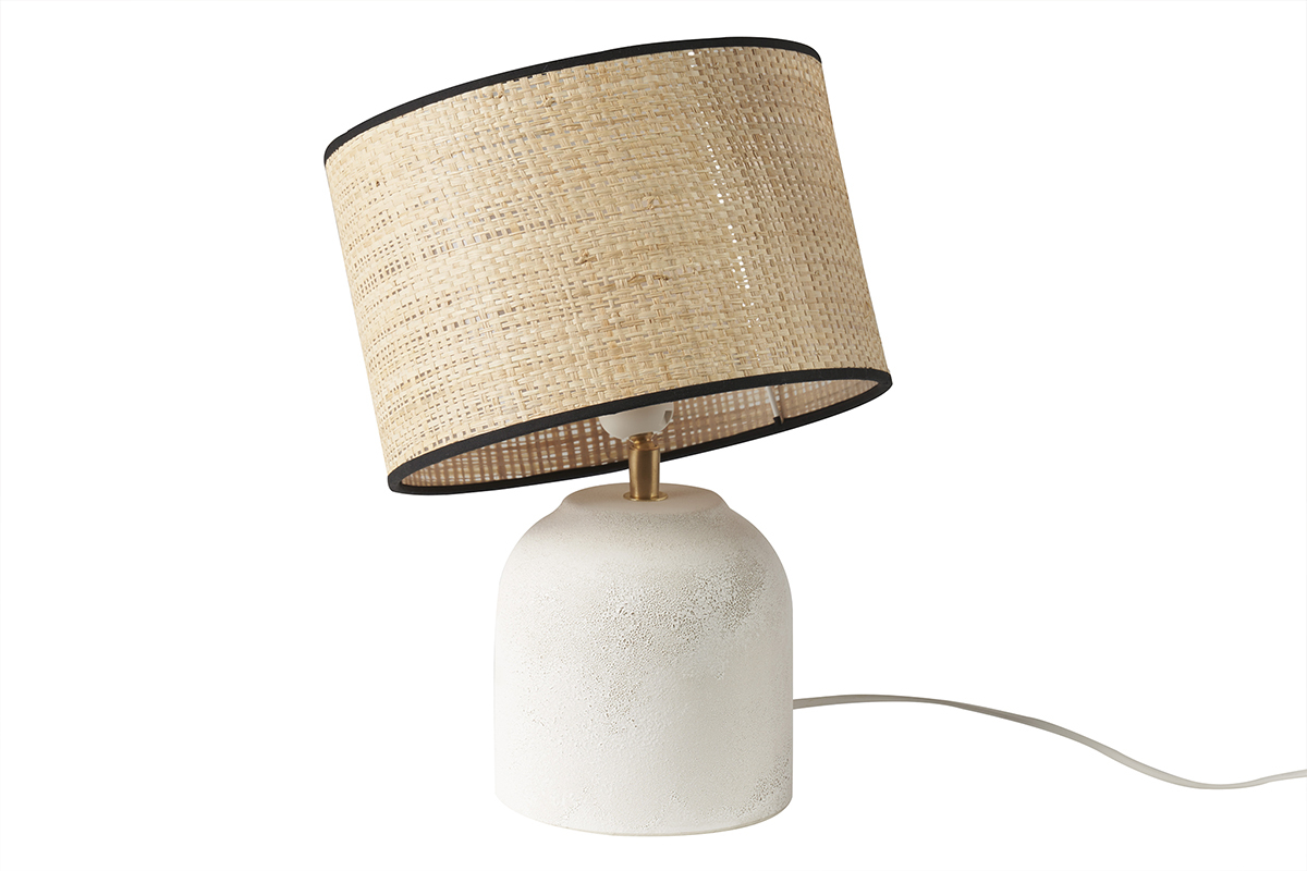 Lampada da tavolo bianca in ceramica effetto pietra e paralume in rafia H35 cm ROCHA