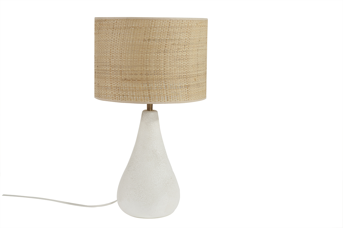 Lampada da tavolo bianca in ceramica effetto pietra e paralume in rafia H49 cm PYRUS