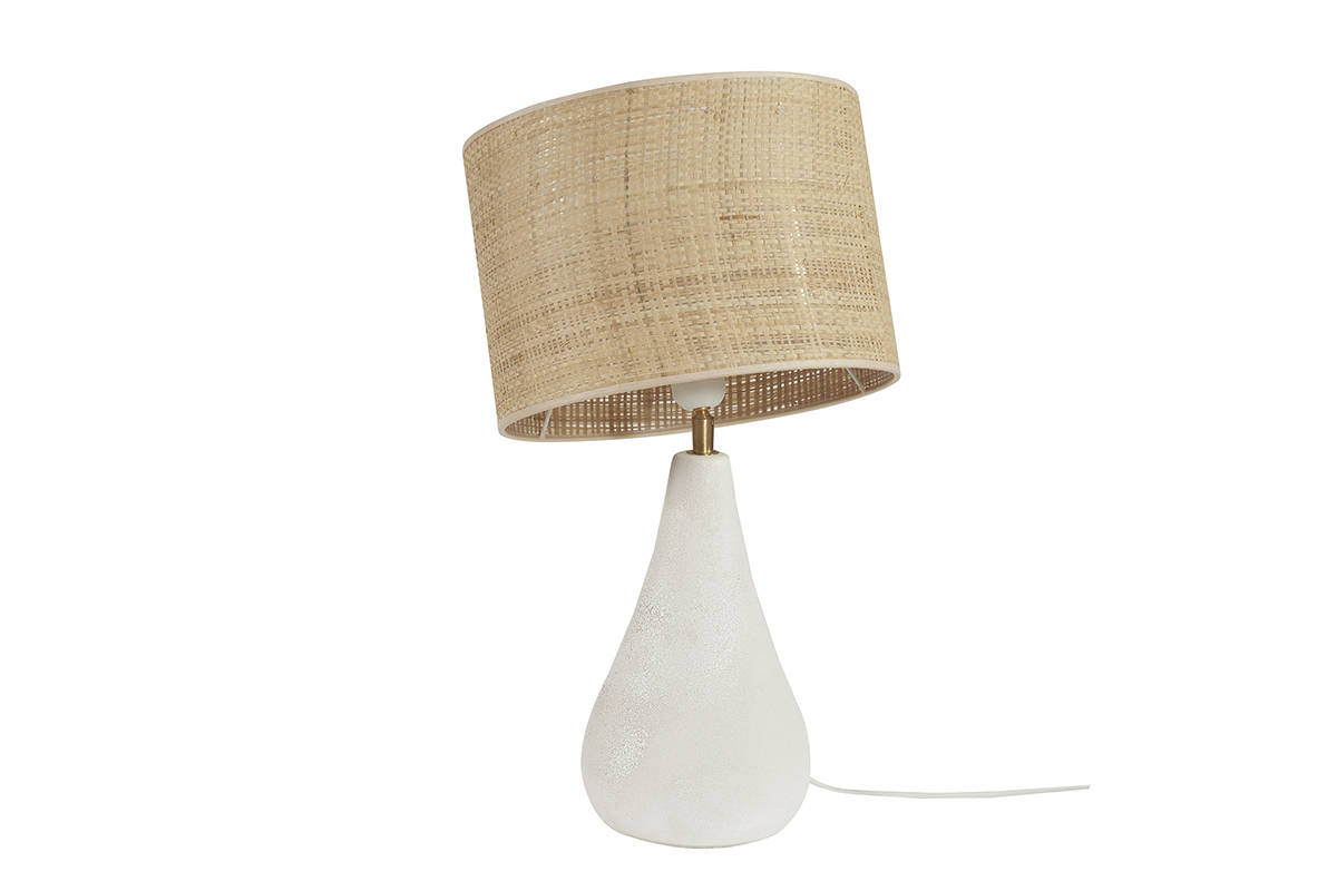 Lampada da tavolo bianca in ceramica effetto pietra e paralume in rafia H49 cm PYRUS