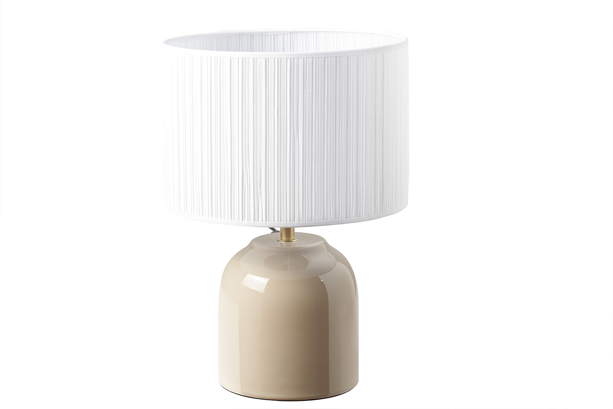 Lampada da tavolo color talpa in ceramica lucida e paralume in tessuto plissettato bianco H35 cm PIEGA