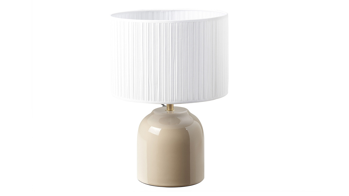 Lampada da tavolo color talpa in ceramica lucida e paralume in tessuto plissettato bianco H35 cm PIEGA