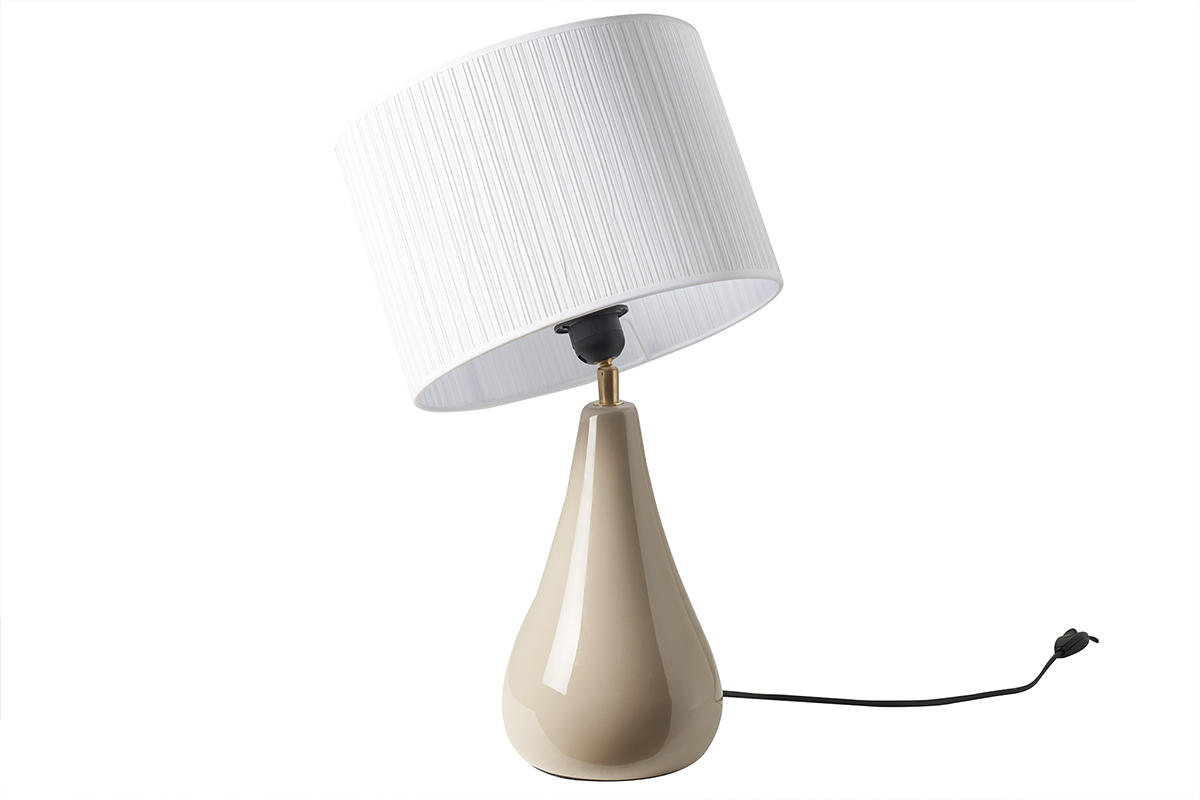 Lampada da tavolo color talpa in ceramica lucida e paralume in tessuto plissettato bianco H49 cm TROIA