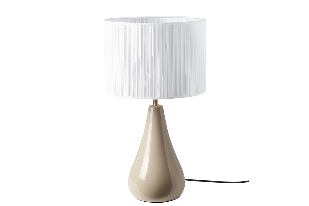 Lampada da tavolo color talpa in ceramica lucida e paralume in tessuto plissettato bianco H49 cm TROIA