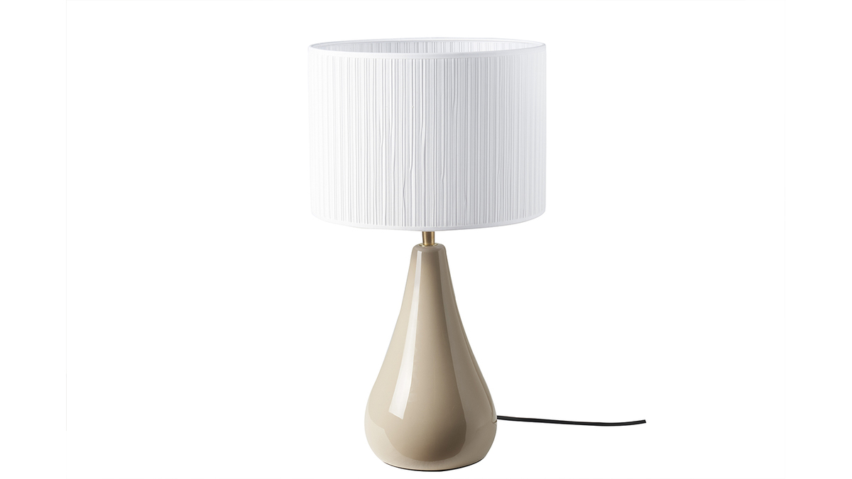 Lampada da tavolo color talpa in ceramica lucida e paralume in tessuto plissettato bianco H49 cm TROIA