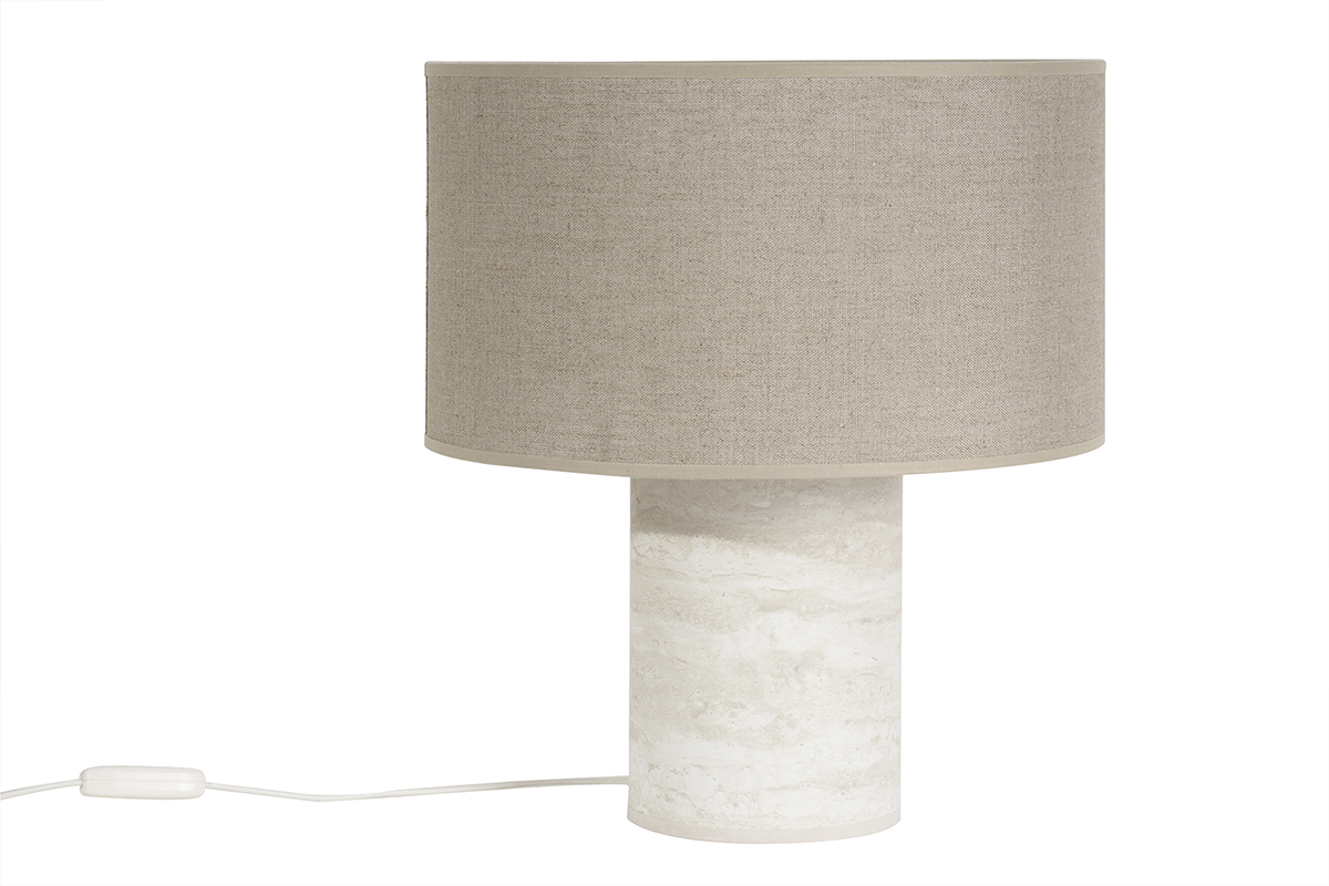 Lampada da tavolo design effetto travertino e paralume in lino H37 cm SEMA