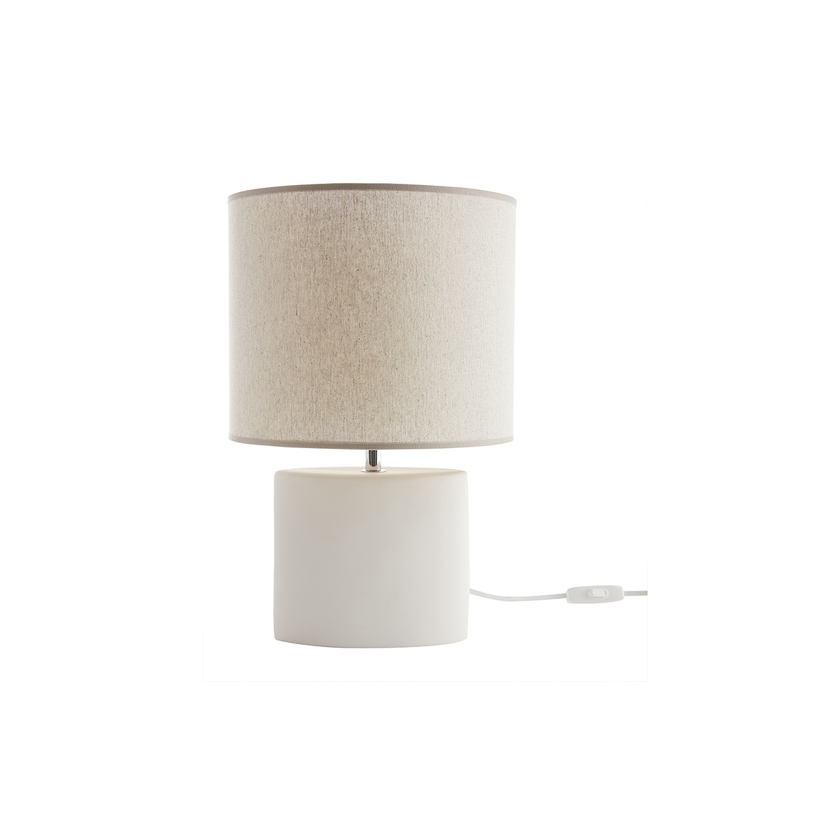 Lampada da tavolo in ceramica bianco opaco e paralume in lino naturale TIGA