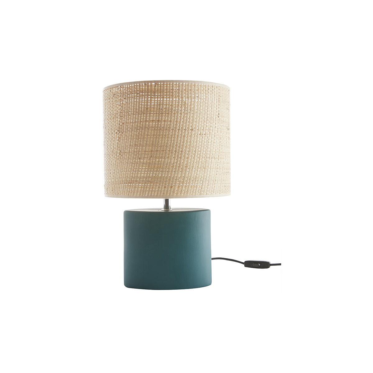 Lampada da tavolo in ceramica blu petrolio opaco e paralume in rafia naturale H40 m TIGA