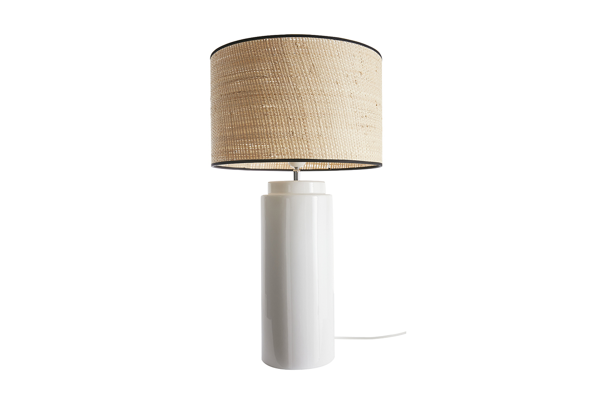 Lampada da tavolo in ceramica smaltata bianco e paralume in rafia naturale H64 cm MAJES