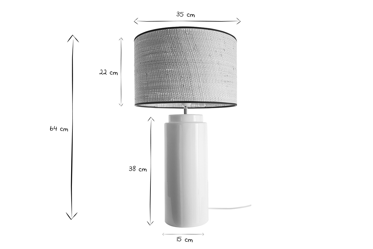 Lampada da tavolo in ceramica smaltata bianco e paralume in rafia naturale H64 cm MAJES