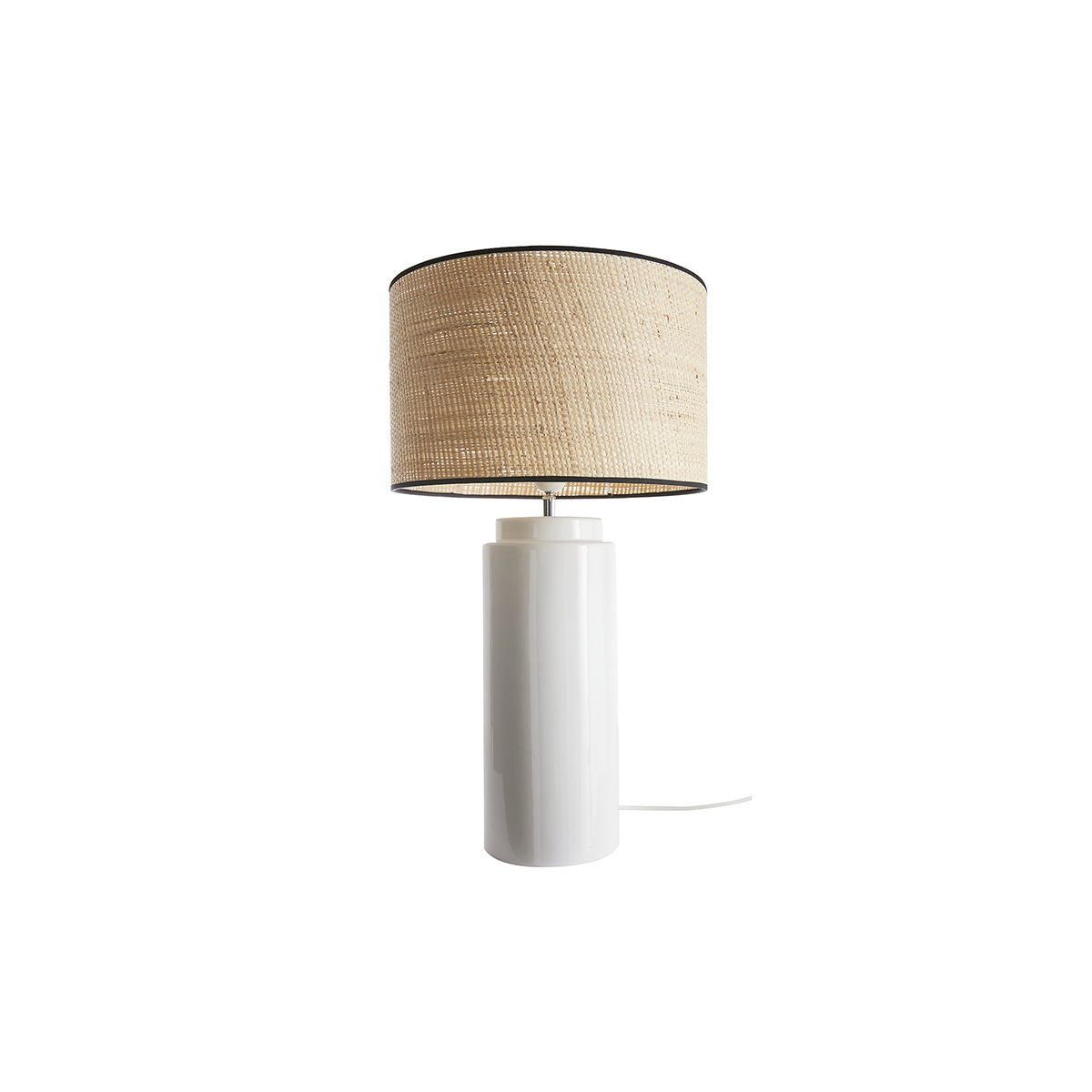 Lampada da tavolo in ceramica smaltata bianco e paralume in rafia naturale H64 cm MAJES