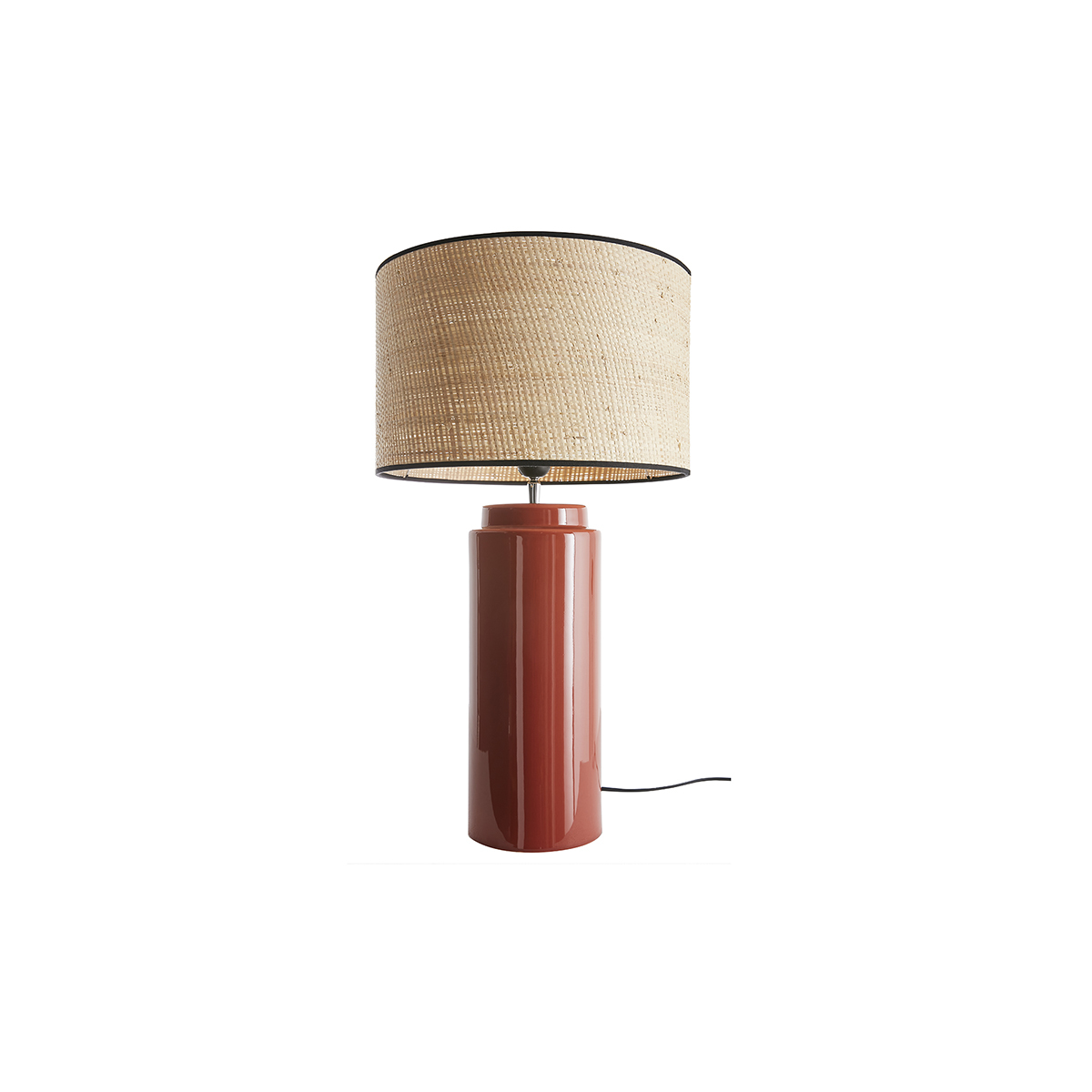 Lampada da tavolo in ceramica smaltata color terracotta e paralume in rafia naturale H64 cm MAJES