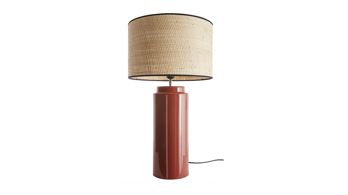 Lampada da tavolo in ceramica smaltata color terracotta e paralume in rafia naturale H64 cm MAJES