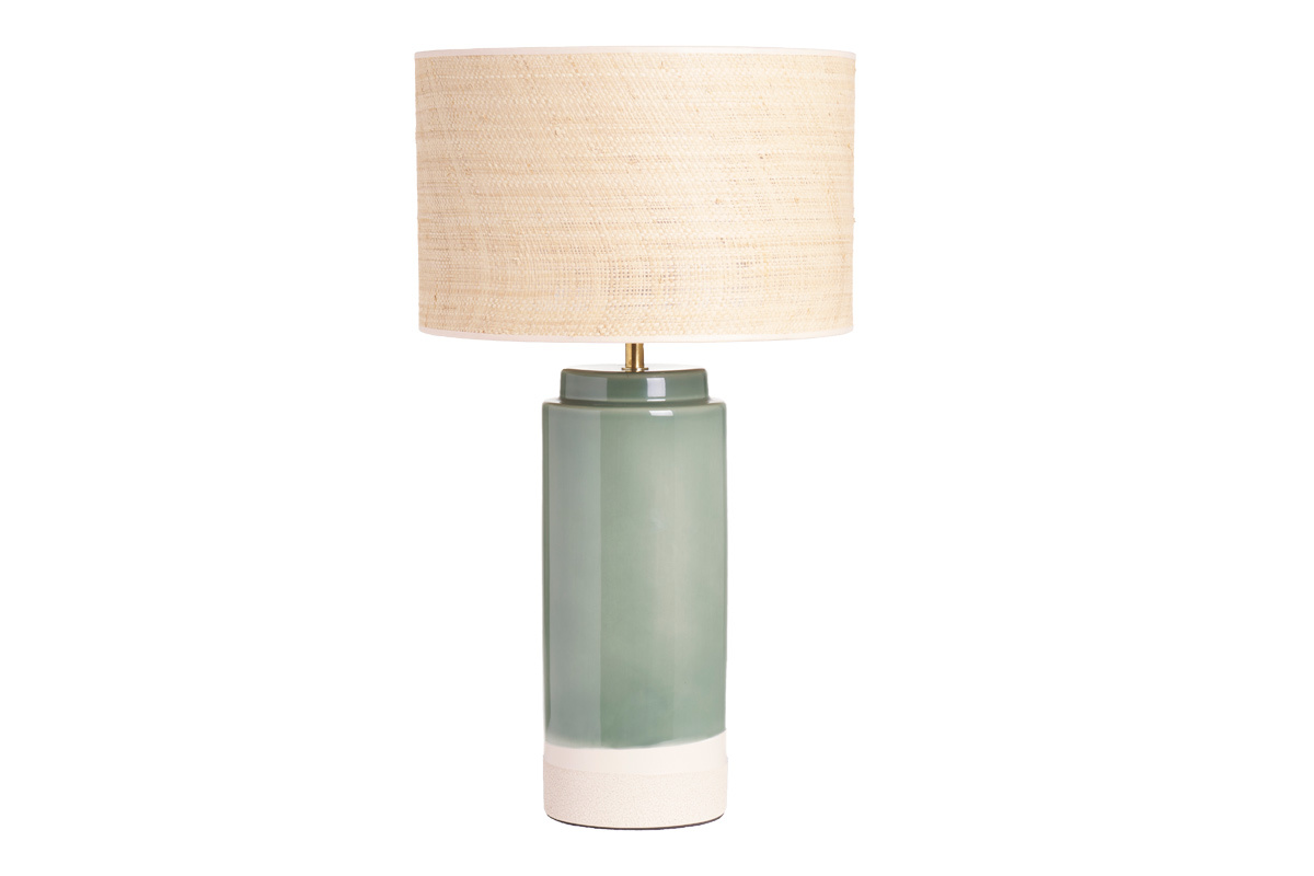 Lampada da tavolo in ceramica verde con paralume in rattan H64 cm MAJES