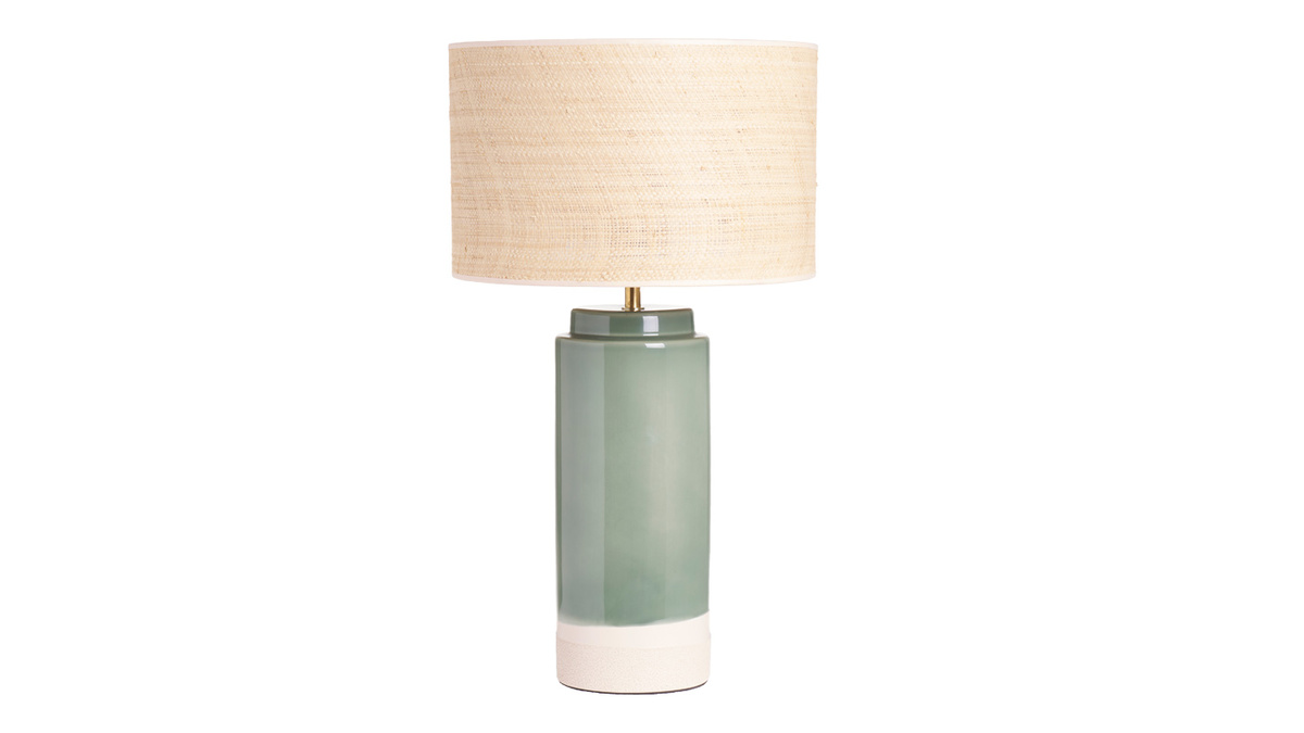 Lampada da tavolo in ceramica verde con paralume in rattan H64 cm MAJES