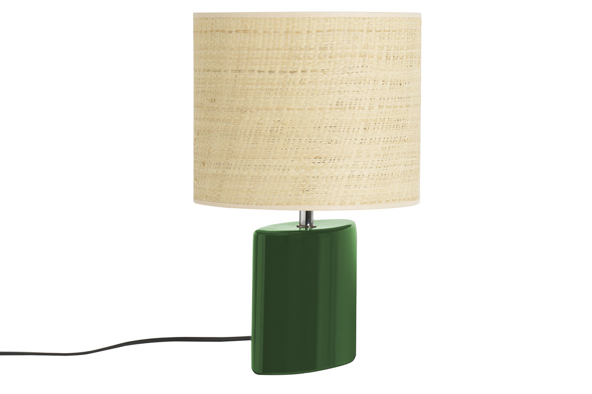 Lampada da tavolo in ceramica verde scuro e paralume in rafia naturale H40 cm TIGA