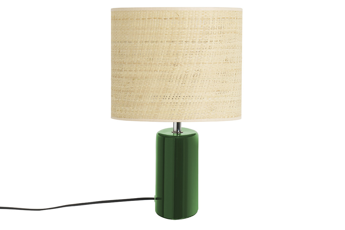 Lampada da tavolo in ceramica verde scuro e paralume in rafia naturale H40 cm TIGA