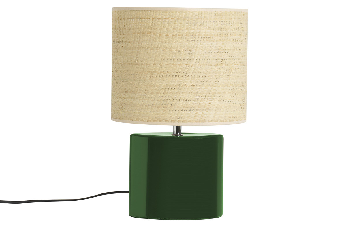 Lampada da tavolo in ceramica verde scuro e paralume in rafia naturale H40 cm TIGA