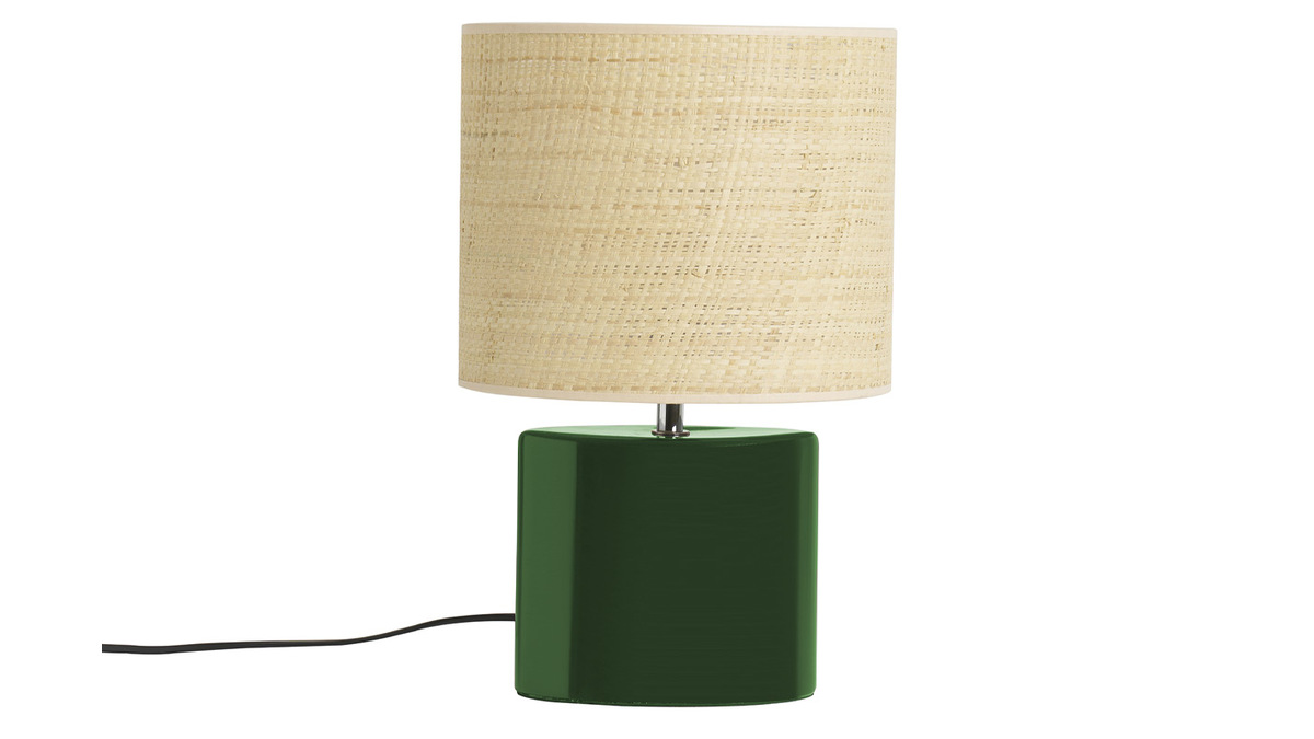 Lampada da tavolo in ceramica verde scuro e paralume in rafia naturale H40 cm TIGA