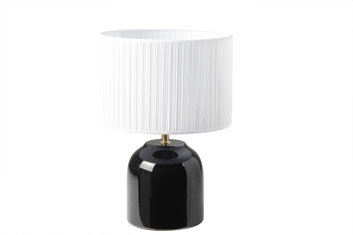 Lampada da tavolo nera in ceramica lucida e paralume in tessuto plissettato bianco H35 cm PIEGA