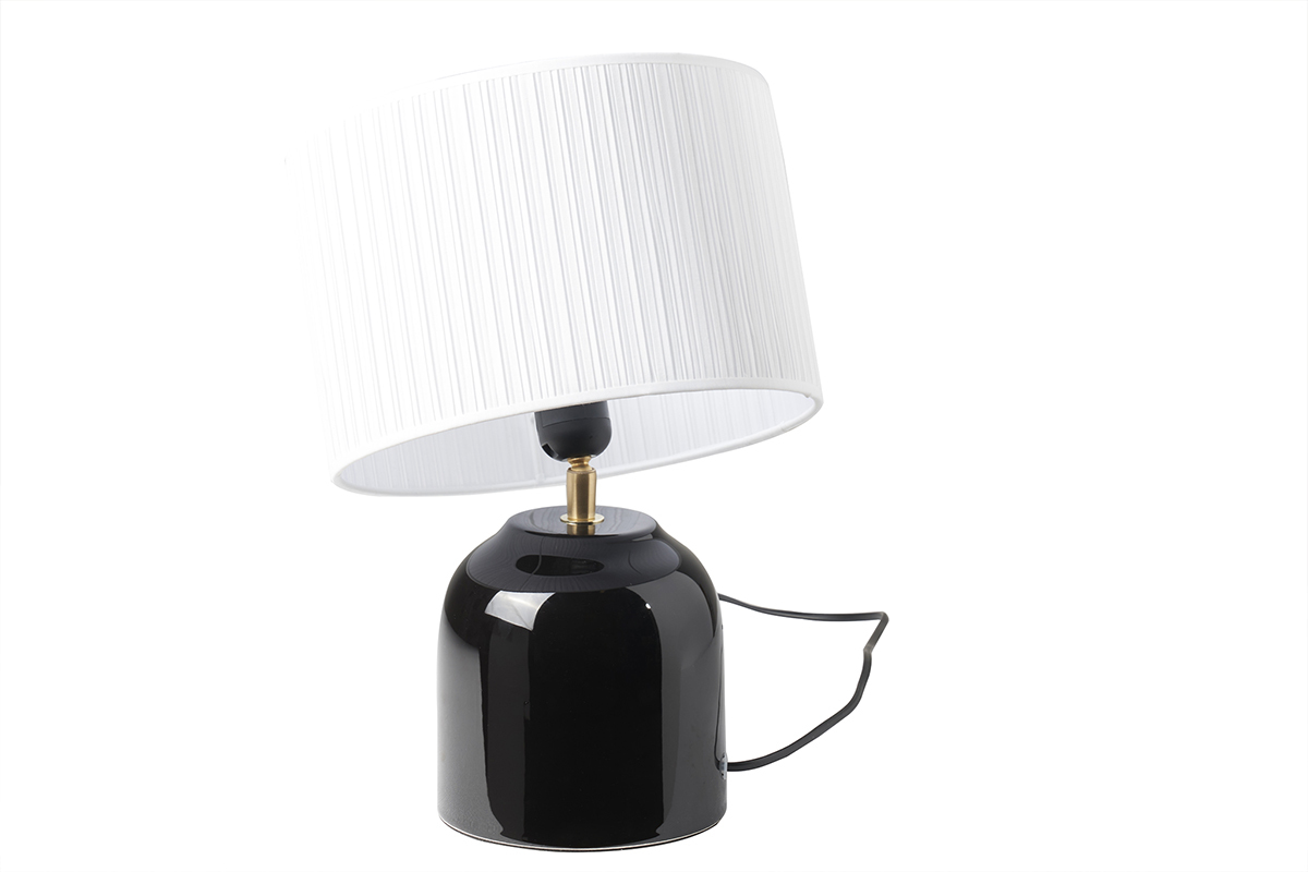 Lampada da tavolo nera in ceramica lucida e paralume in tessuto plissettato bianco H35 cm PIEGA