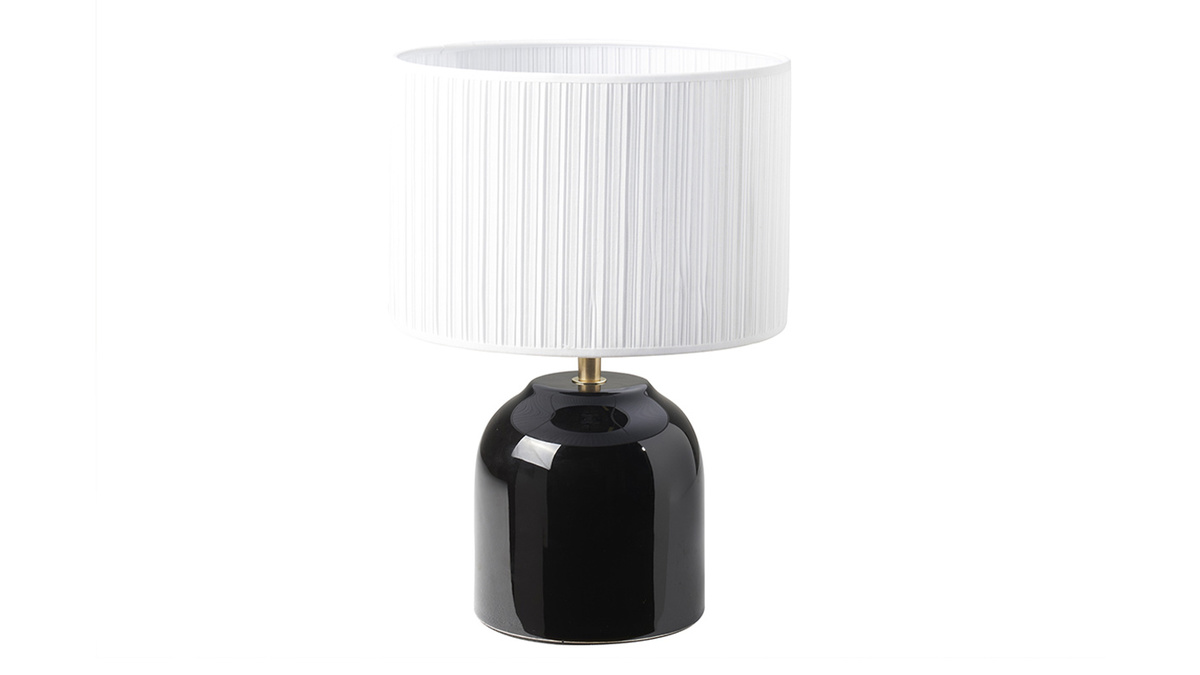 Lampada da tavolo nera in ceramica lucida e paralume in tessuto plissettato bianco H35 cm PIEGA