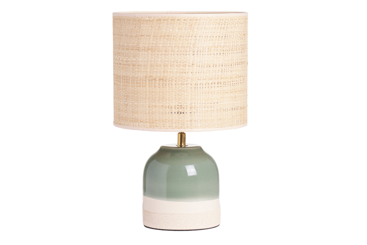 Lampada da tavolo verde in ceramica con paralume in rattan H35 cm PIEGA