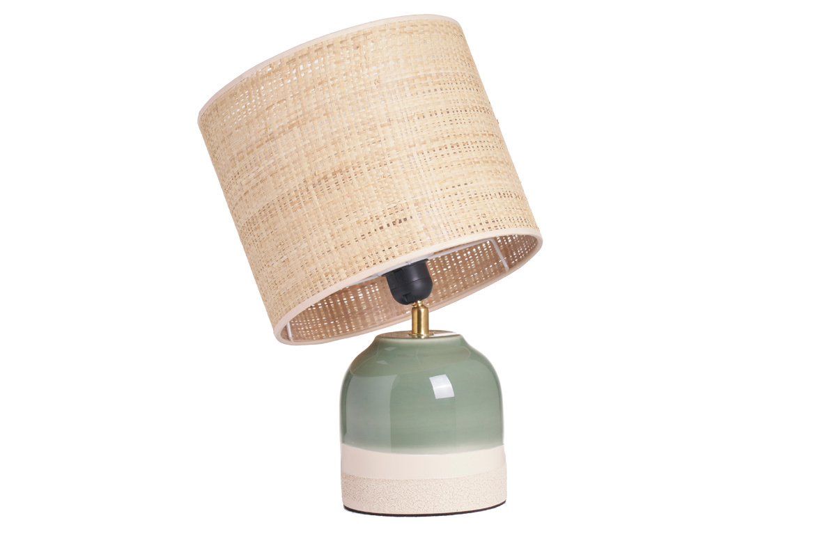 Lampada da tavolo verde in ceramica con paralume in rattan H35 cm PIEGA