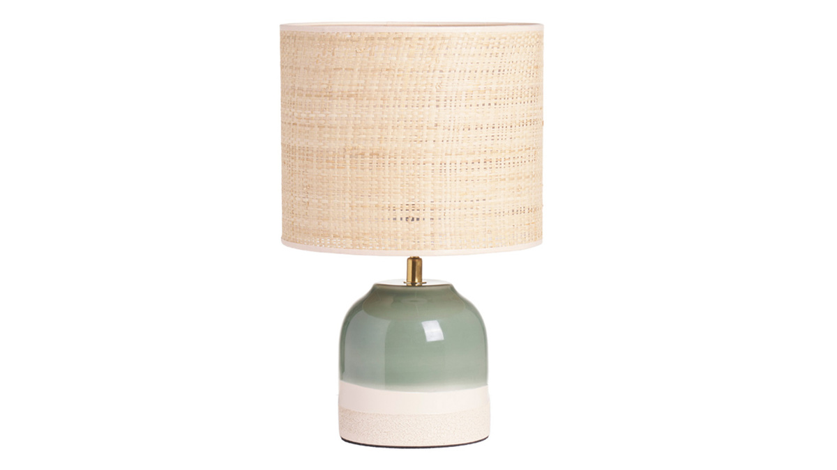 Lampada da tavolo verde in ceramica con paralume in rattan H35 cm PIEGA