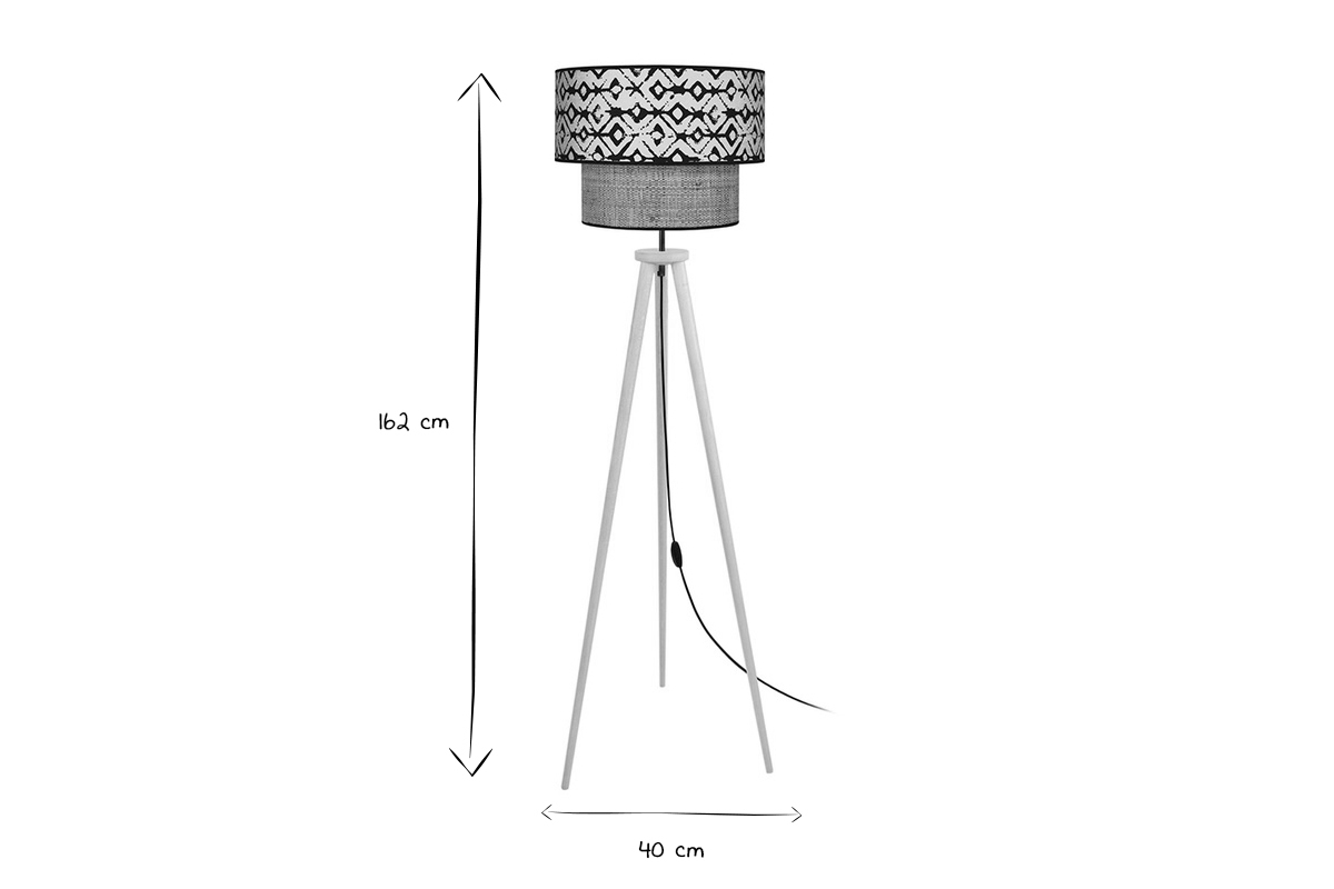 Lampada da terra paralume juta e tessuto stampato tribale nero e beige diam 40 cm ZAZA