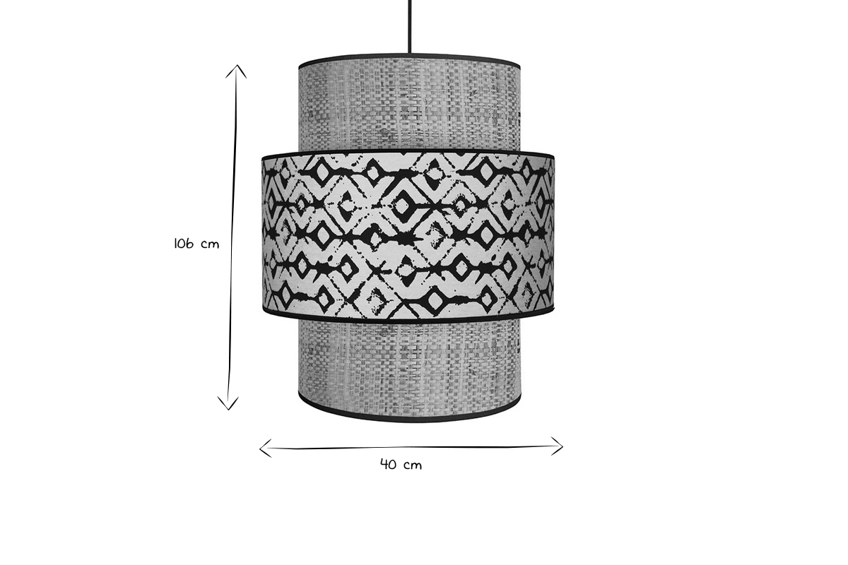 Lampadario cilindrico juta e tessuto stampato tribale nero e beige diam 40 cm ZAZA