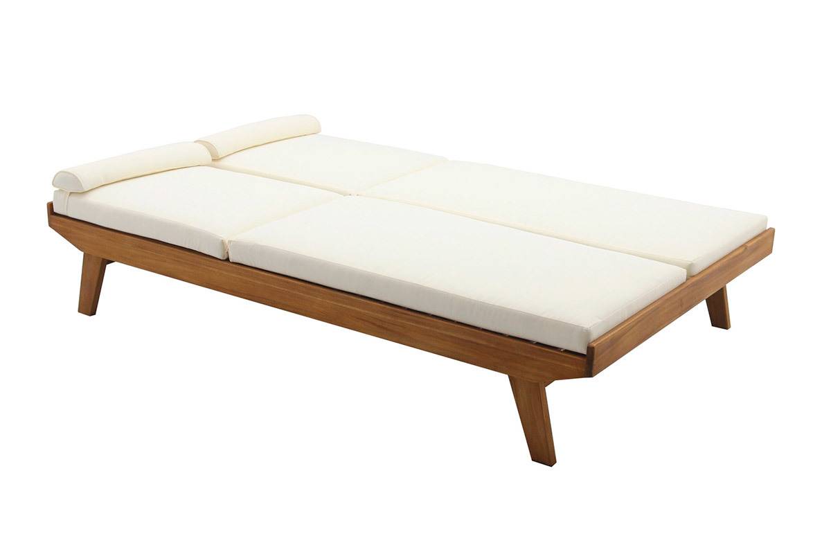 Lettino prendisole doppio con schienali multiposizione bianco e legno massello L127 cm CARACAS