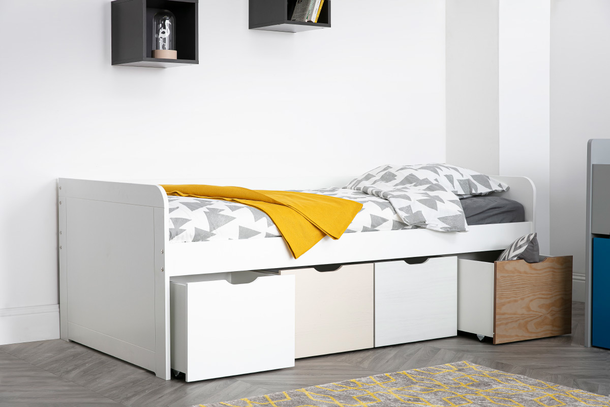 Letto bambino con 4 cassetti legno e bianco MOLENE