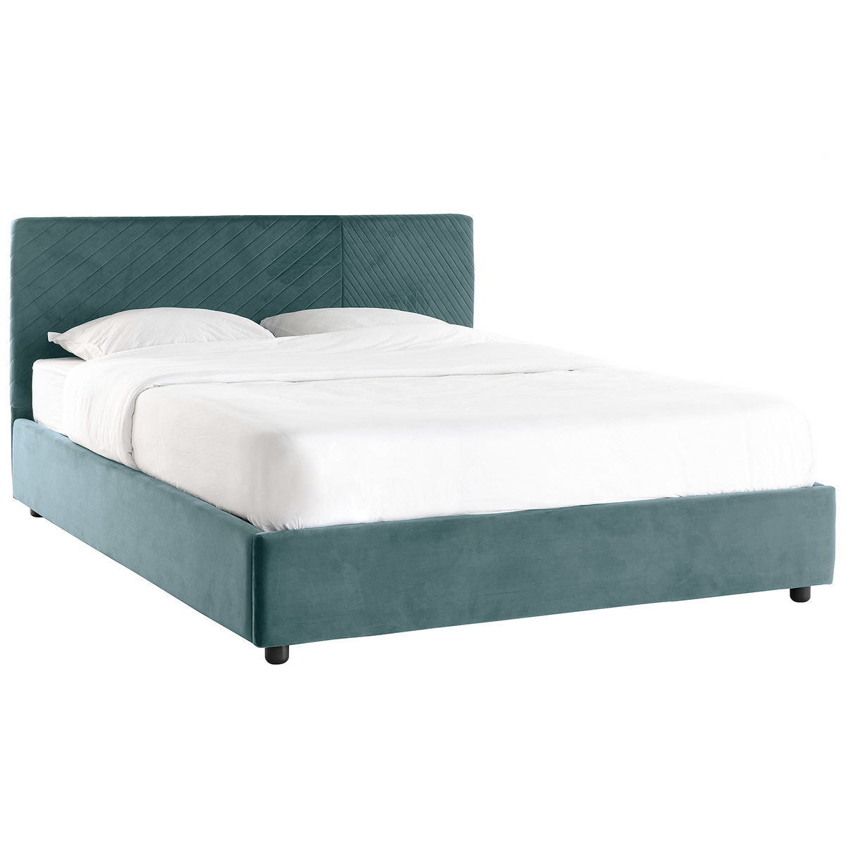 Letto contenitore con rete e testata letto con motivi in velluto blu pavone 160 x 200 cm RIGA