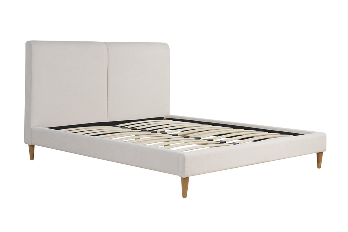 Letto matrimoniale 160x200 cm in tessuto beige e legno chiaro SALOME