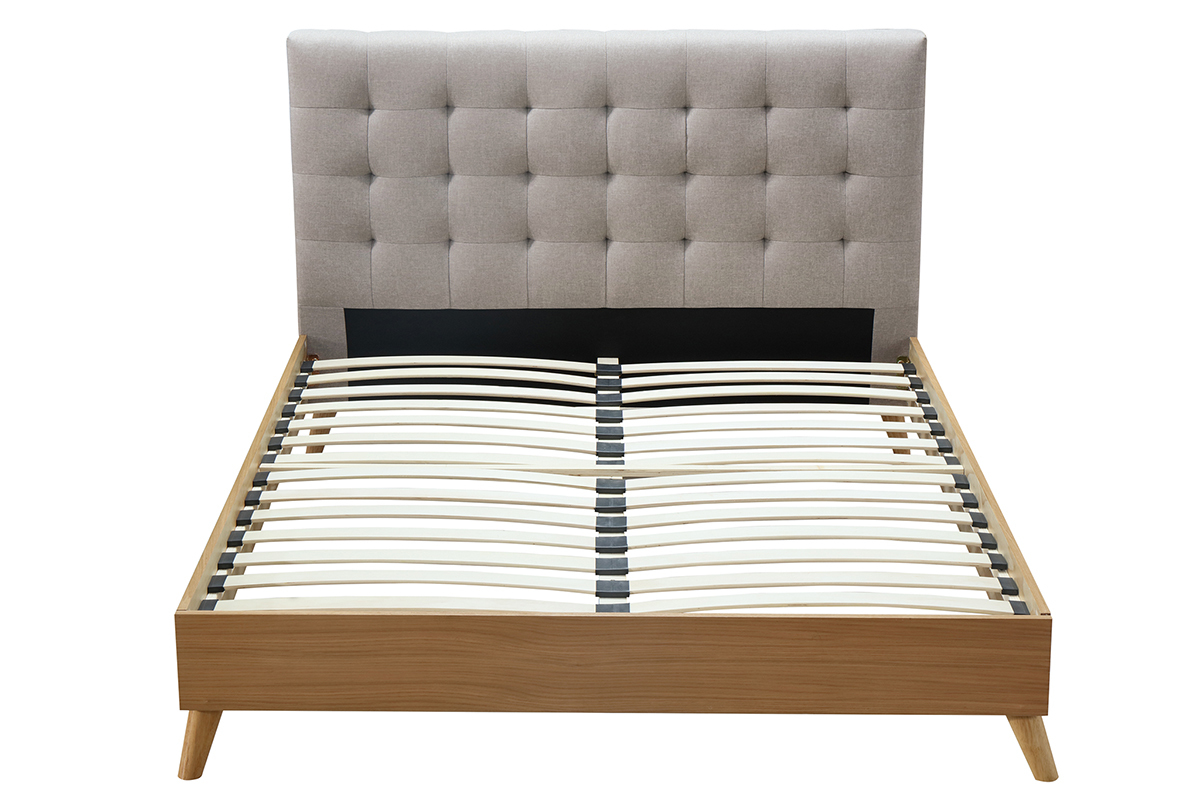 Letto matrimoniale scandinavo legno e tessuto beige 140 x 200cm LYNN