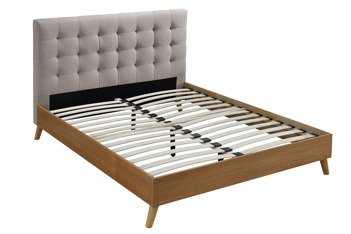 Letto matrimoniale scandinavo legno e tessuto beige 140 x 200cm LYNN