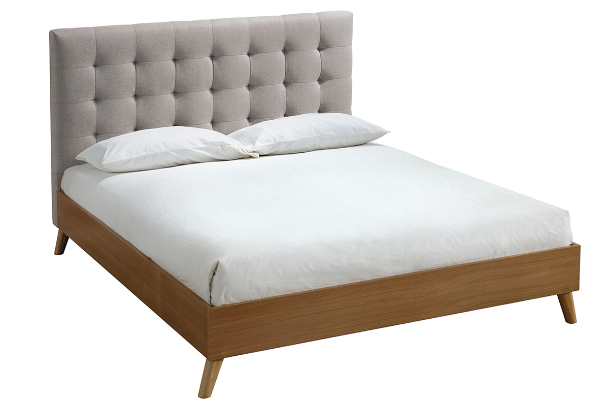 Letto matrimoniale scandinavo legno e tessuto beige 140 x 200cm LYNN