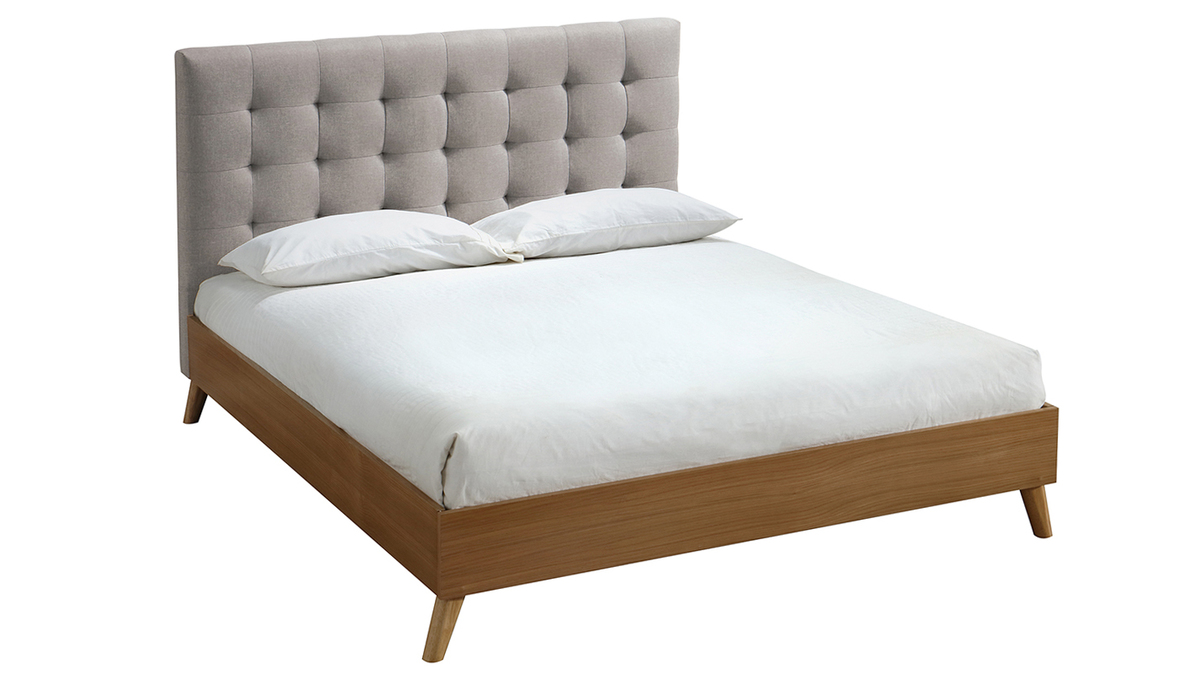 Letto matrimoniale scandinavo legno e tessuto beige 140 x 200cm LYNN