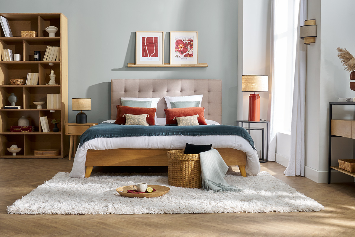 Letto matrimoniale scandinavo legno e tessuto beige 160 x 200cm LYNN